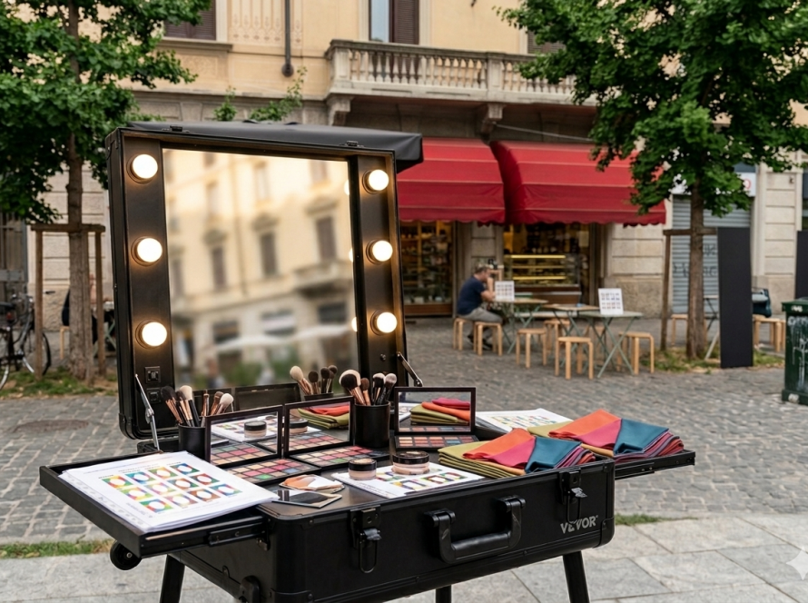 Postazione professionale per armocromia e make-up all'aperto durante il Fuorisalone 2026 a Milano.